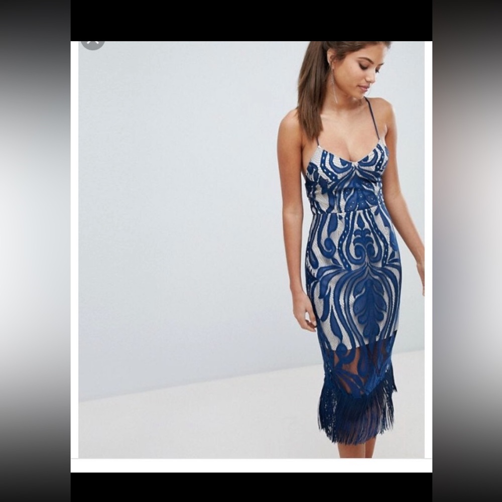 Asos Navy Blue Lace Dress With Fringe Detail